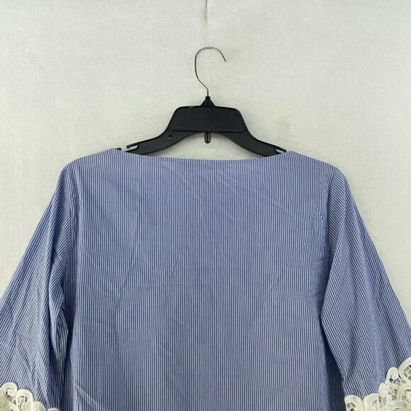Zara Blouse Women's Sz XS Blue Striped Boat Neck Embroidered Bell 3/4 Sleeve - Picture 8 of 12